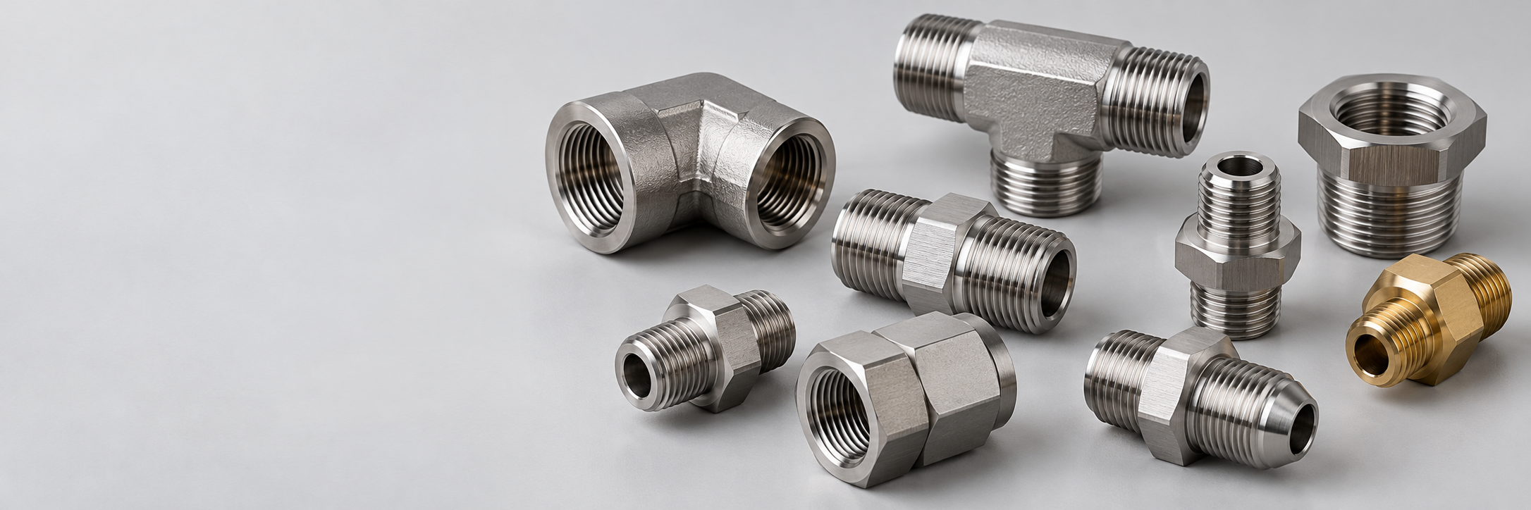 Assortment of metal threaded hydraulic fittings, elbows and adaptors